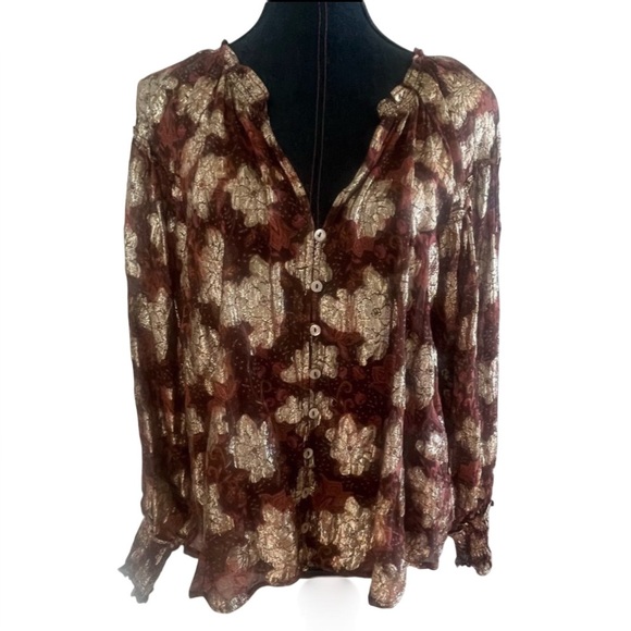 Free People Tops - FREE PEOPLE Sheer bohemian oversized floral blouse small gold Anthropology EUC